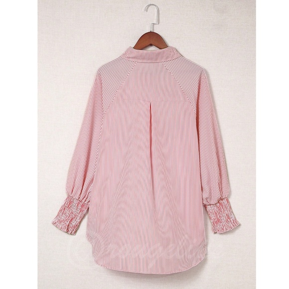 Striped White Red Loose Fitting Button Up Shirt Long Sleeve - Picture 8 of 11